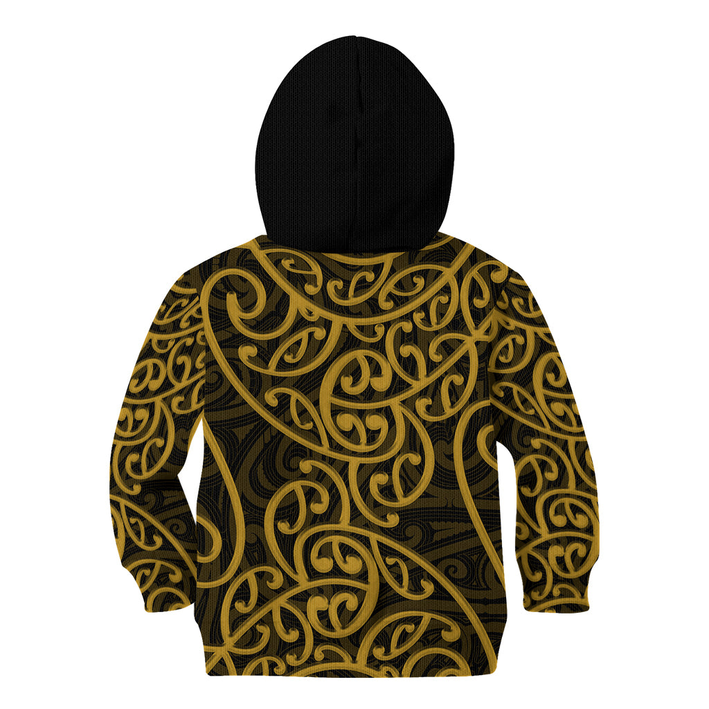 New Zealand Kid Hoodie Maori Pattern Gold LT6 - Wonder Print Shop