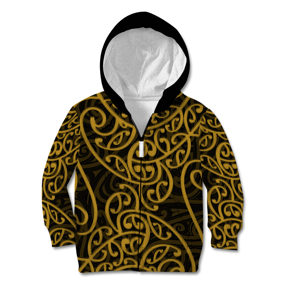 New Zealand Kid Hoodie Maori Pattern Gold LT6 - Wonder Print Shop
