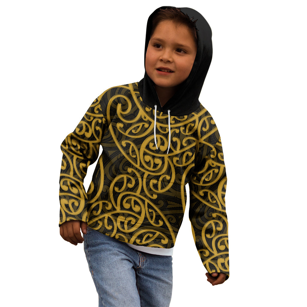 New Zealand Kid Hoodie Maori Pattern Gold LT6 - Wonder Print Shop
