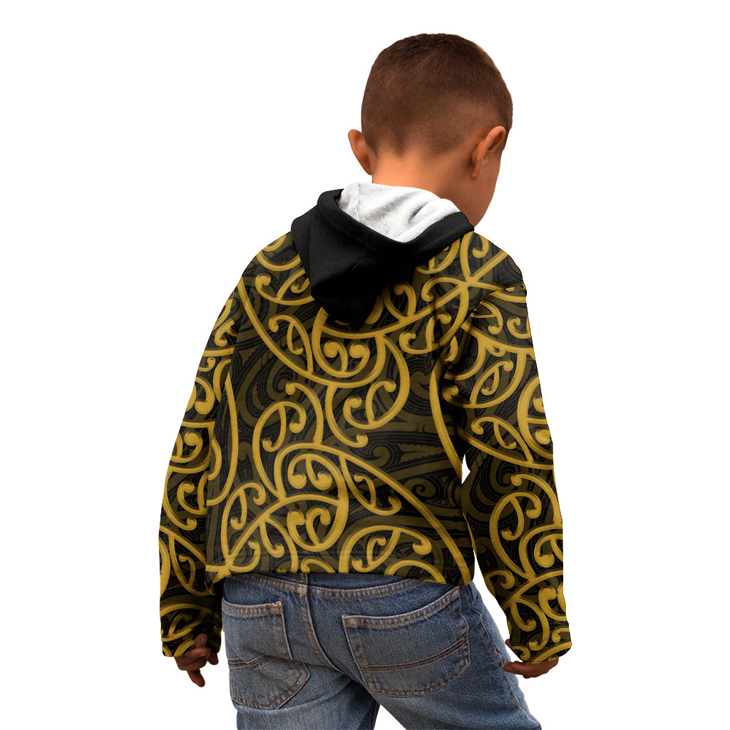 New Zealand Kid Hoodie Maori Pattern Gold LT6 - Wonder Print Shop