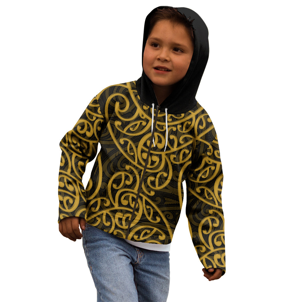 New Zealand Kid Hoodie Maori Pattern Gold LT6 - Wonder Print Shop