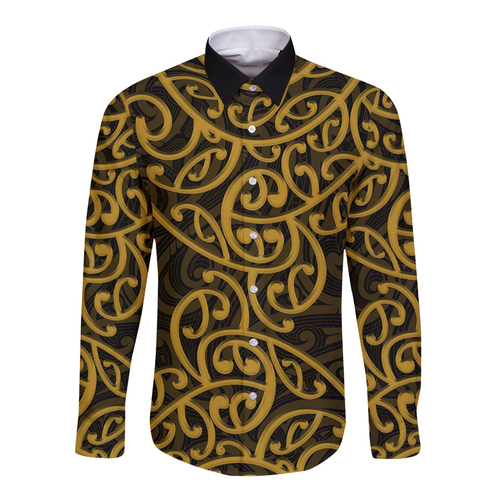 New Zealand Long Sleeve Button Shirt Maori Pattern Gold LT6 - Wonder Print Shop