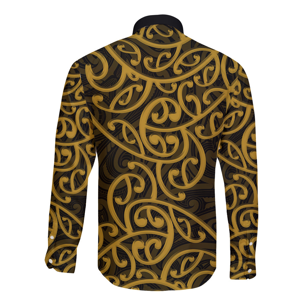 New Zealand Long Sleeve Button Shirt Maori Pattern Gold LT6 - Wonder Print Shop