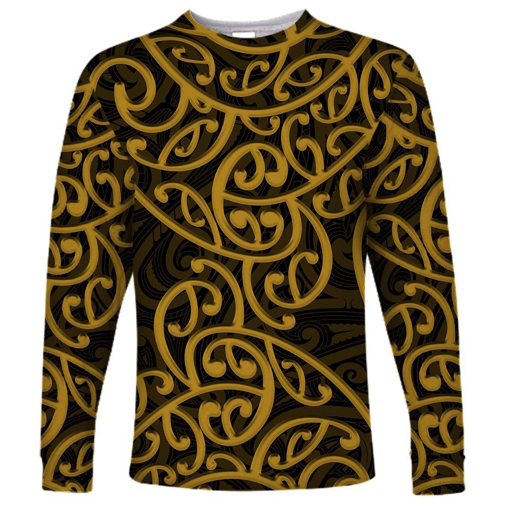 New Zealand Long Sleeve Shirt Maori Pattern Gold LT6 - Wonder Print Shop
