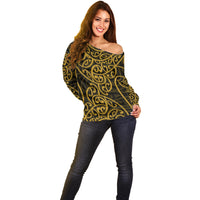 New Zealand Off Shoulder Sweater Maori Pattern Gold LT6 - Wonder Print Shop