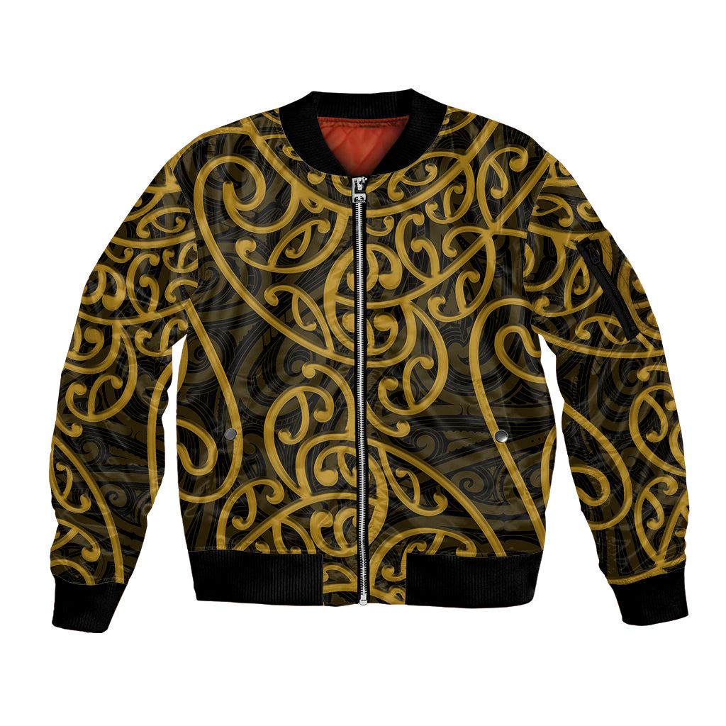 New Zealand Sleeve Zip Bomber Jacket Maori Pattern Gold LT6 - Wonder Print Shop
