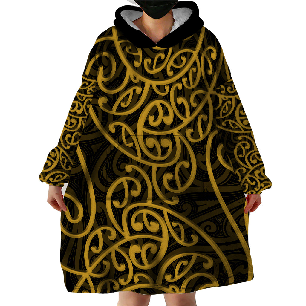 New Zealand Wearable Blanket Hoodie Maori Pattern Gold LT6 - Wonder Print Shop