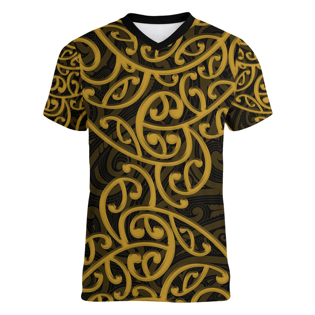 New Zealand Women V Neck T Shirt Maori Pattern Gold LT6 - Wonder Print Shop