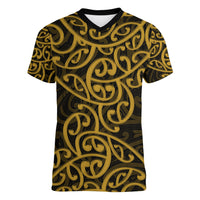 New Zealand Women V Neck T Shirt Maori Pattern Gold LT6 - Wonder Print Shop