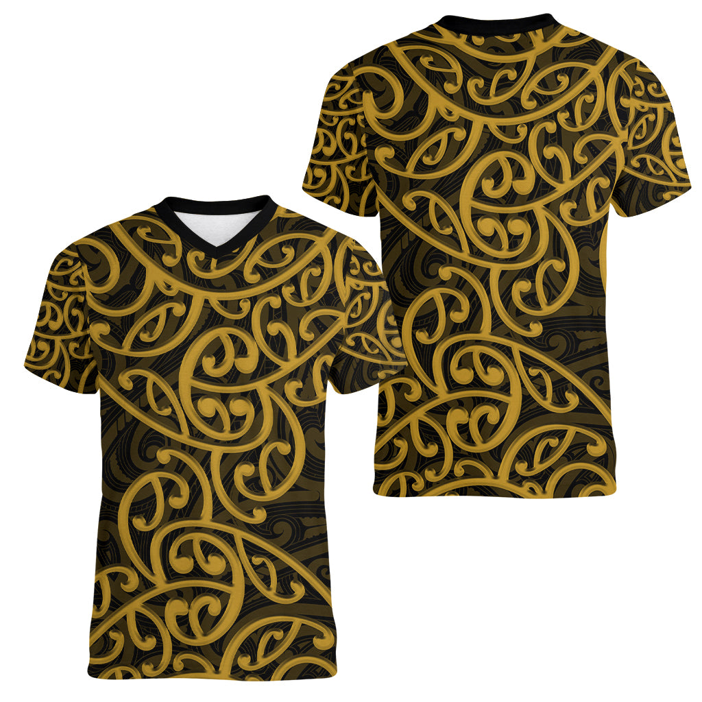 New Zealand Women V Neck T Shirt Maori Pattern Gold LT6 - Wonder Print Shop