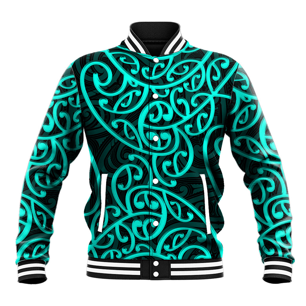 New Zealand Baseball Jacket Maori Pattern Turquoise LT6 - Wonder Print Shop
