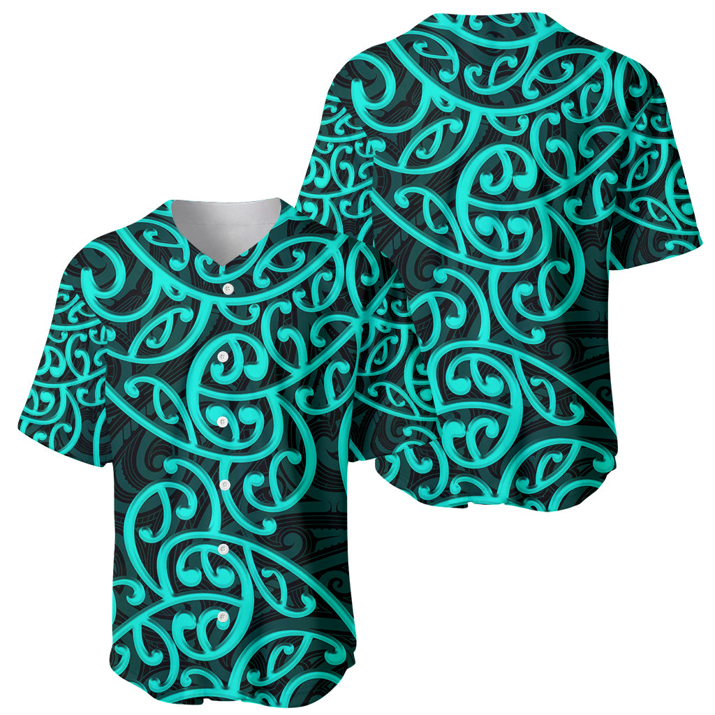 New Zealand Baseball Jersey Maori Pattern Turquoise LT6 - Wonder Print Shop