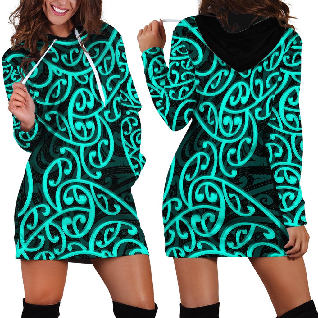New Zealand Hoodie Dress Maori Pattern Turquoise LT6 - Wonder Print Shop