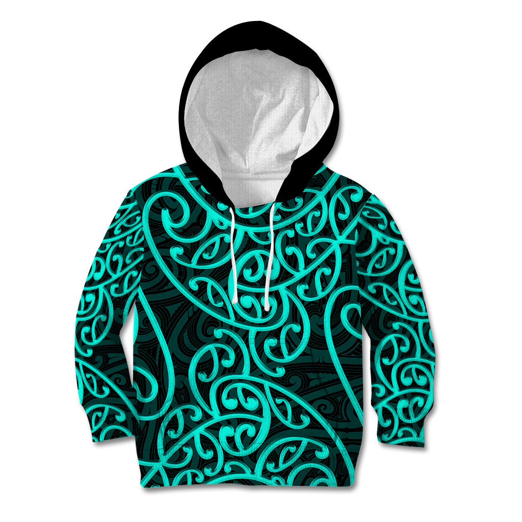 New Zealand Kid Hoodie Maori Pattern Turquoise LT6 - Wonder Print Shop