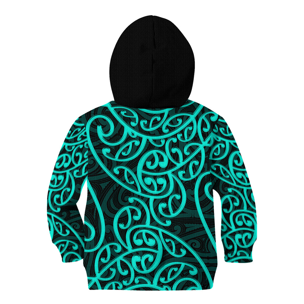 New Zealand Kid Hoodie Maori Pattern Turquoise LT6 - Wonder Print Shop