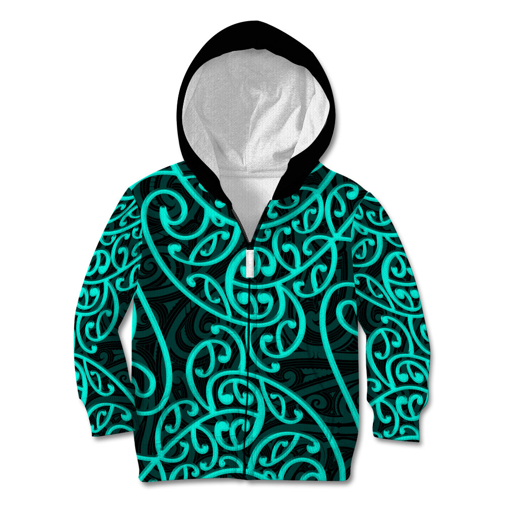 New Zealand Kid Hoodie Maori Pattern Turquoise LT6 - Wonder Print Shop