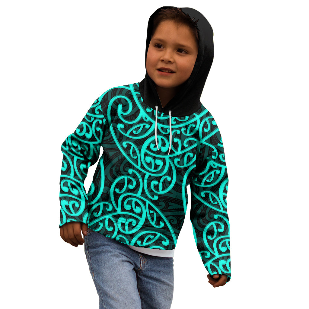 New Zealand Kid Hoodie Maori Pattern Turquoise LT6 - Wonder Print Shop