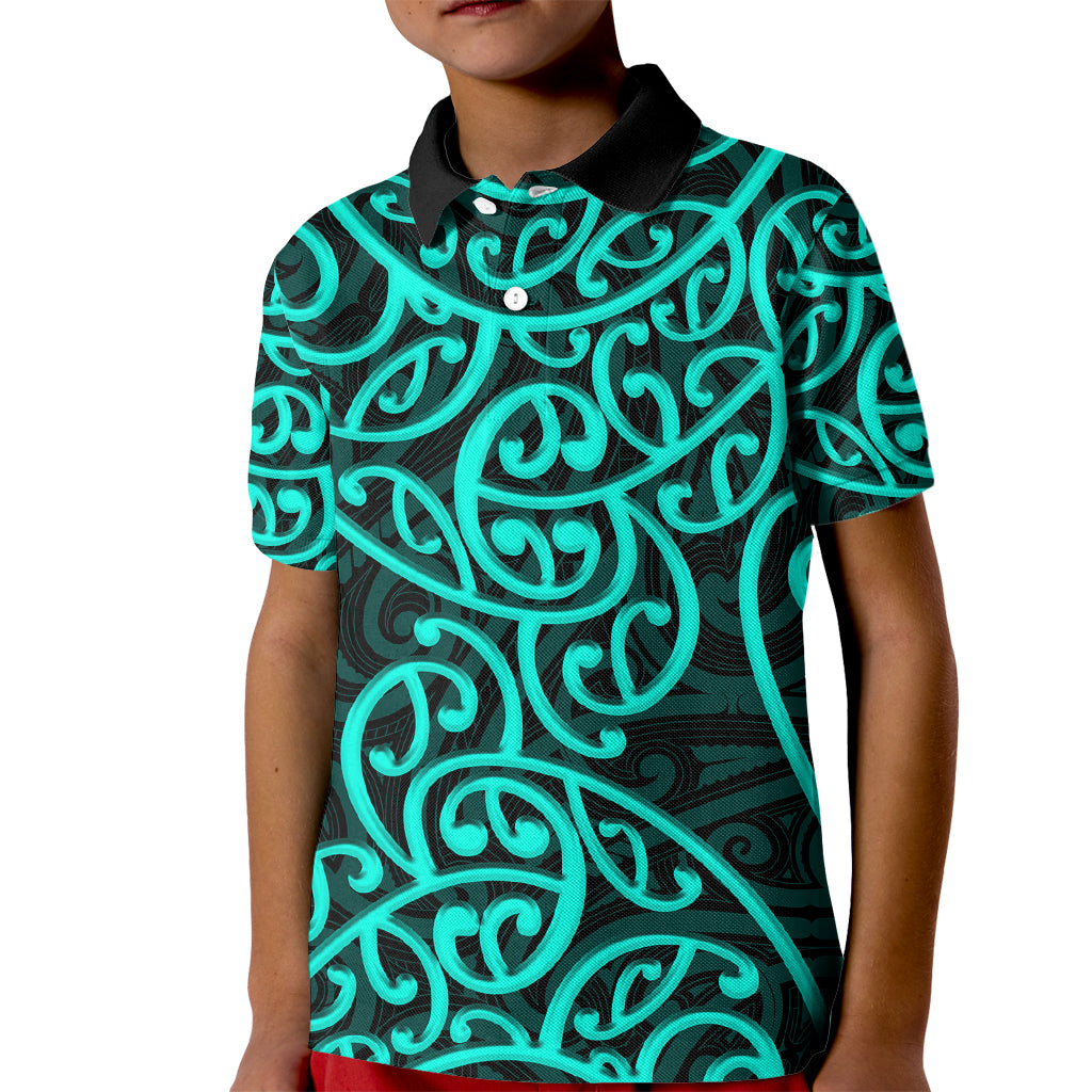 New Zealand Kid Polo Shirt Maori Pattern Turquoise LT6 - Wonder Print Shop