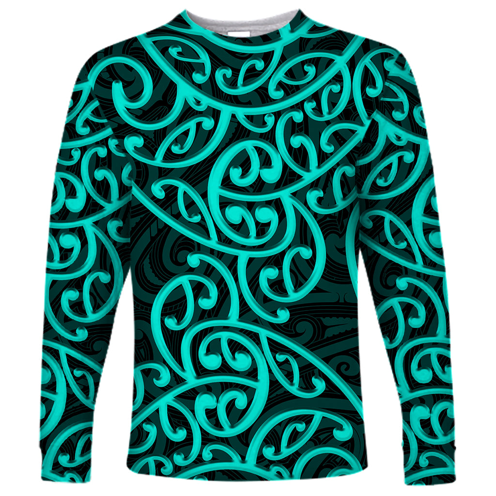 New Zealand Long Sleeve Shirt Maori Pattern Turquoise LT6 - Wonder Print Shop