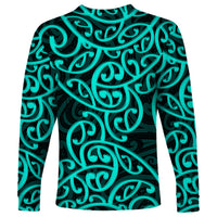 New Zealand Long Sleeve Shirt Maori Pattern Turquoise LT6 - Wonder Print Shop