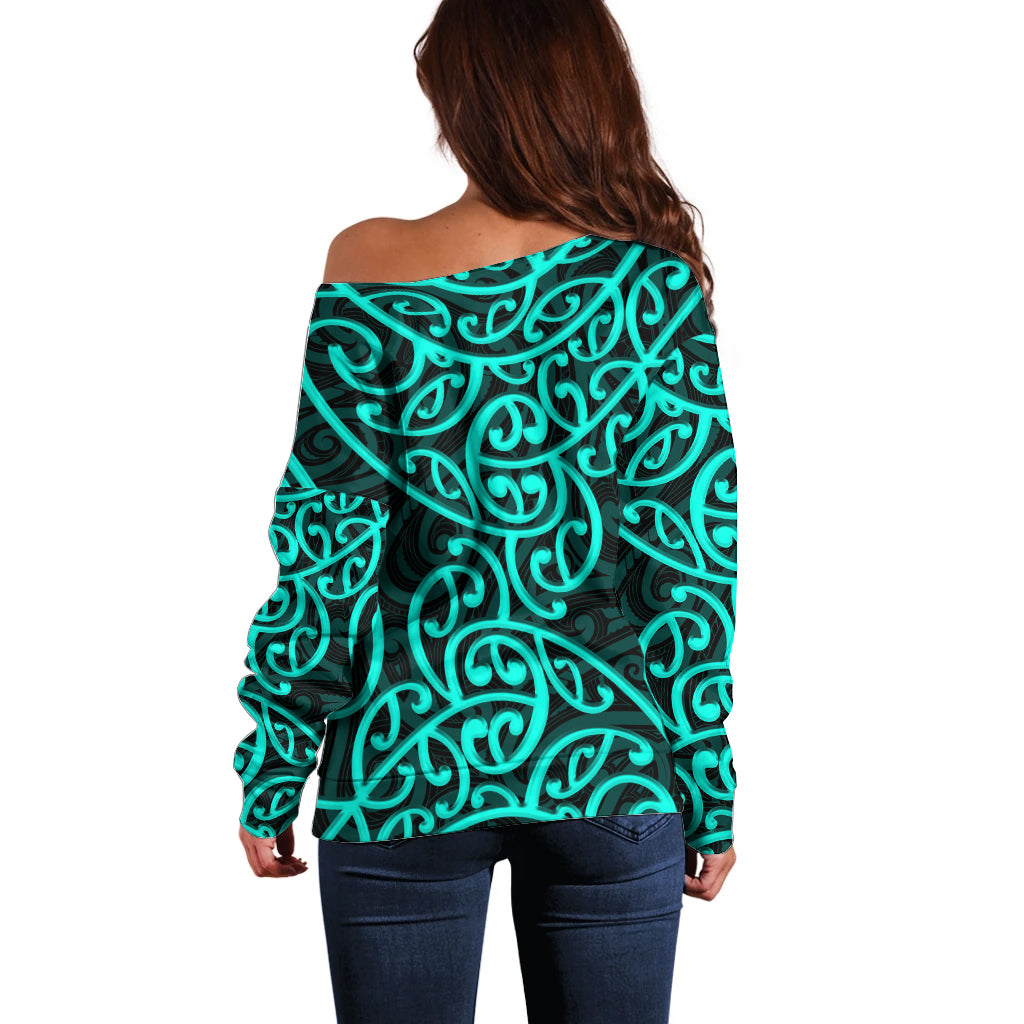 New Zealand Off Shoulder Sweater Maori Pattern Turquoise LT6 - Wonder Print Shop