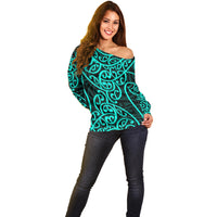 New Zealand Off Shoulder Sweater Maori Pattern Turquoise LT6 - Wonder Print Shop