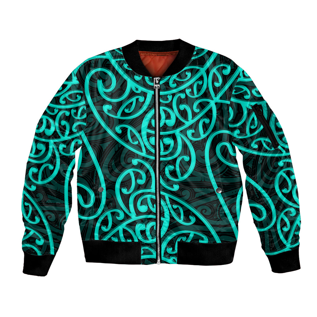 New Zealand Sleeve Zip Bomber Jacket Maori Pattern Turquoise LT6 - Wonder Print Shop
