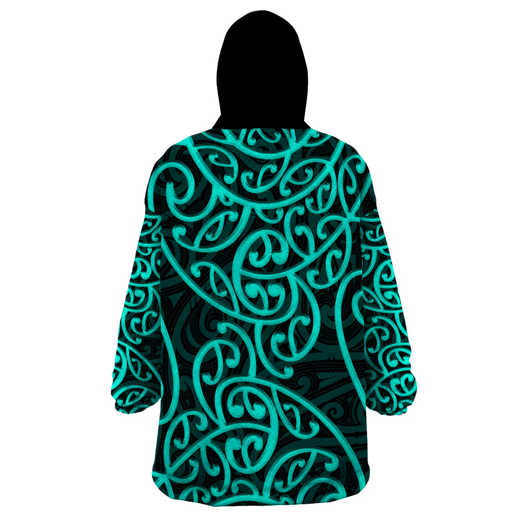 New Zealand Wearable Blanket Hoodie Maori Pattern Turquoise LT6 - Wonder Print Shop