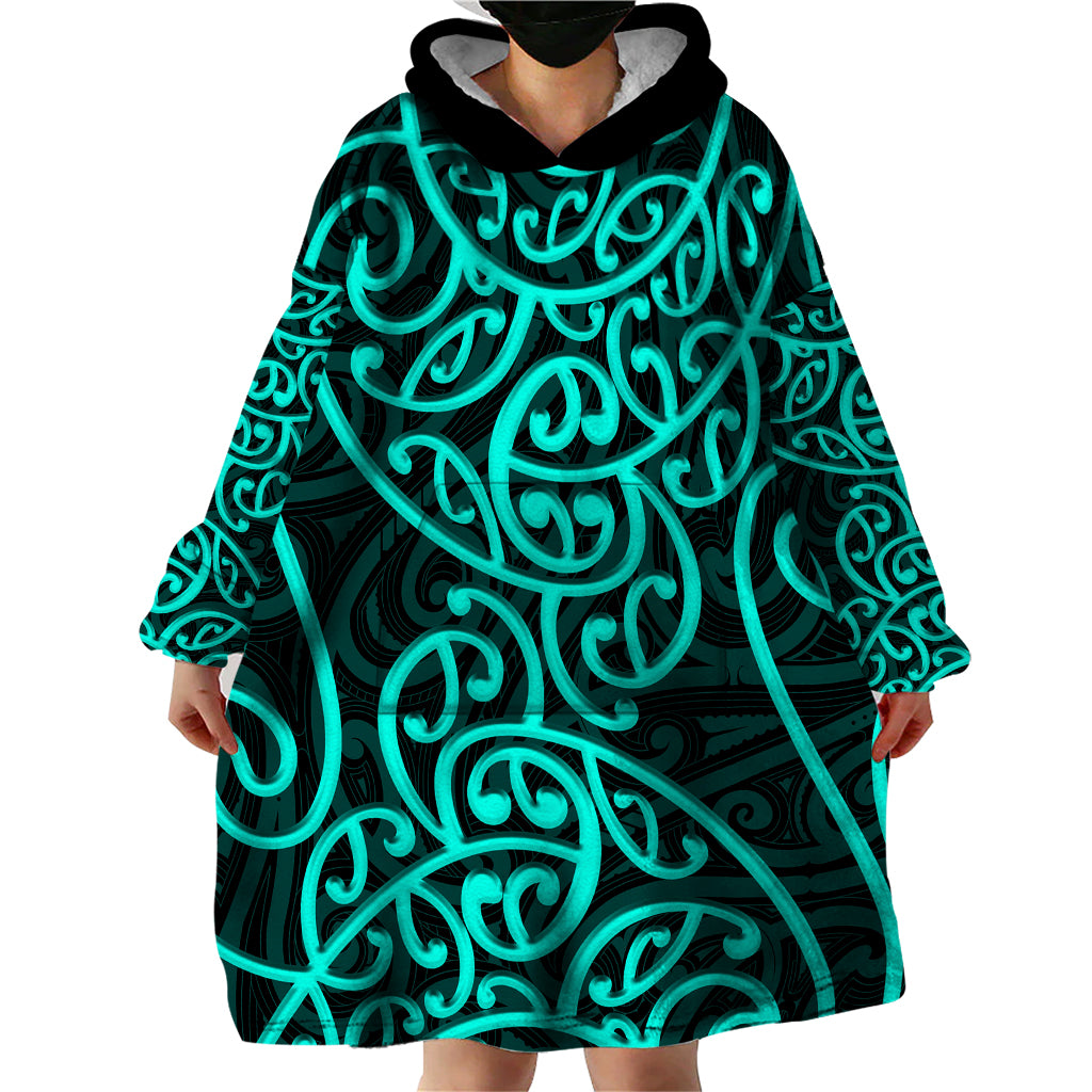 New Zealand Wearable Blanket Hoodie Maori Pattern Turquoise LT6 - Wonder Print Shop
