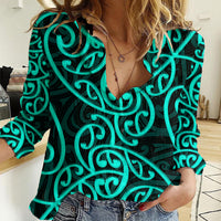 New Zealand Women Casual Shirt Maori Pattern Turquoise LT6 - Wonder Print Shop