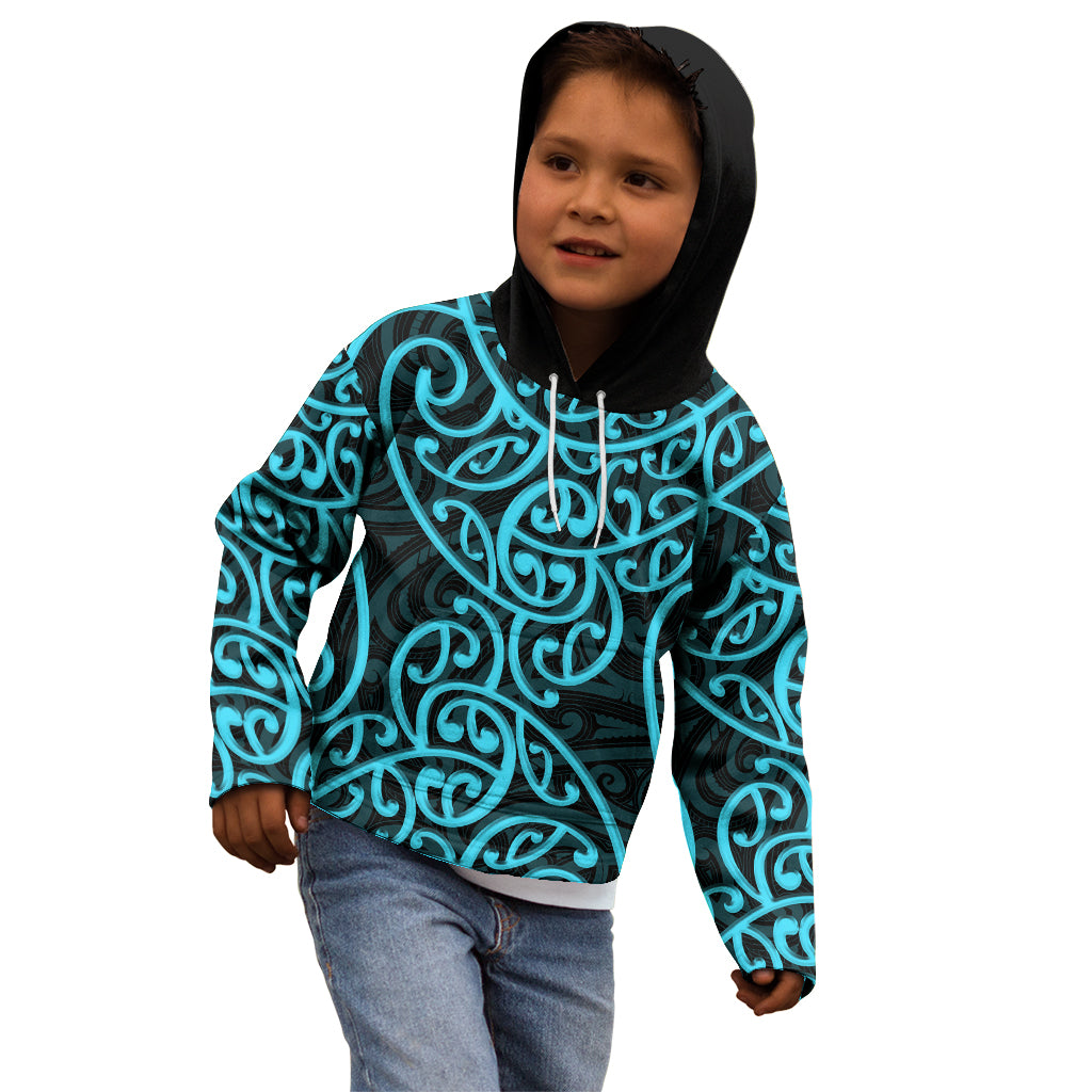 New Zealand Kid Hoodie Maori Pattern Light Blue LT6 - Wonder Print Shop