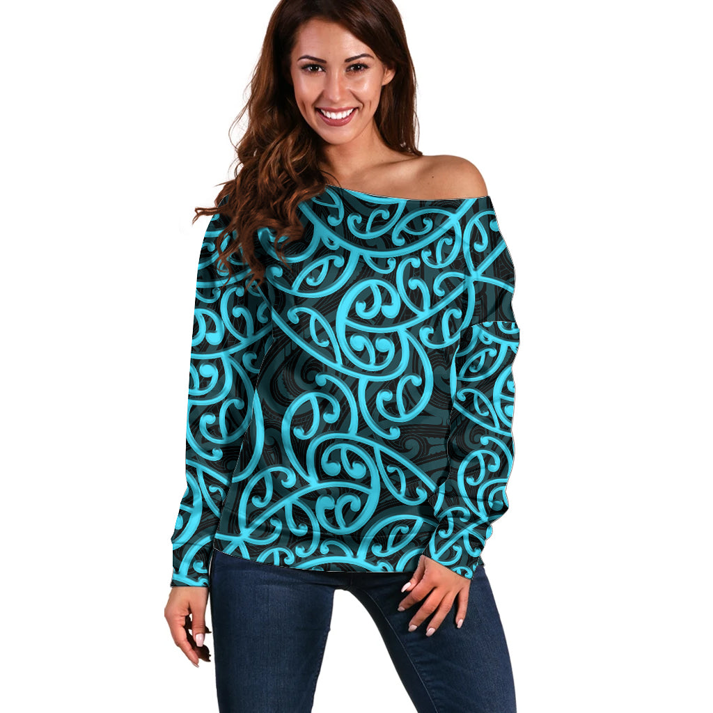 New Zealand Off Shoulder Sweater Maori Pattern Light Blue LT6 - Wonder Print Shop