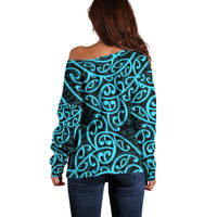 New Zealand Off Shoulder Sweater Maori Pattern Light Blue LT6 - Wonder Print Shop
