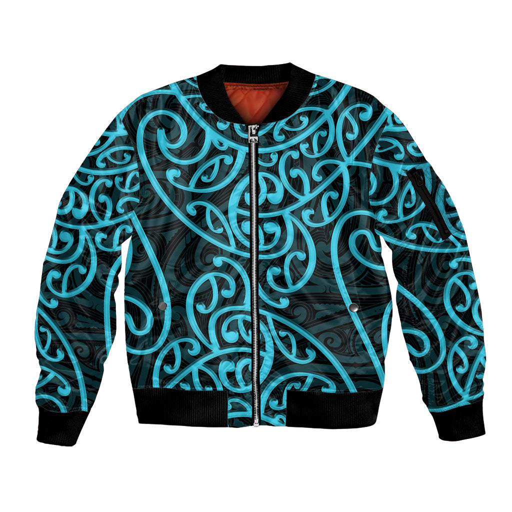New Zealand Sleeve Zip Bomber Jacket Maori Pattern Light Blue LT6 - Wonder Print Shop