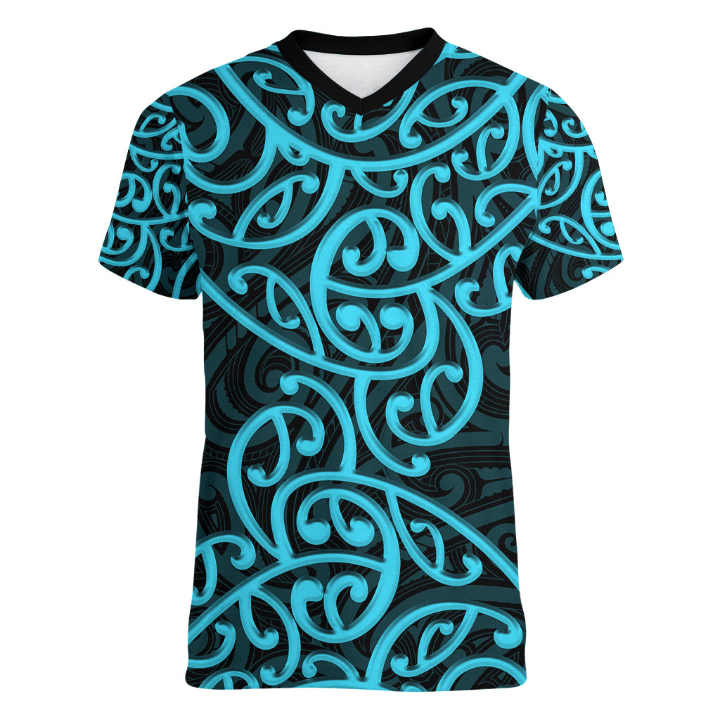 New Zealand Women V Neck T Shirt Maori Pattern Light Blue LT6 - Wonder Print Shop