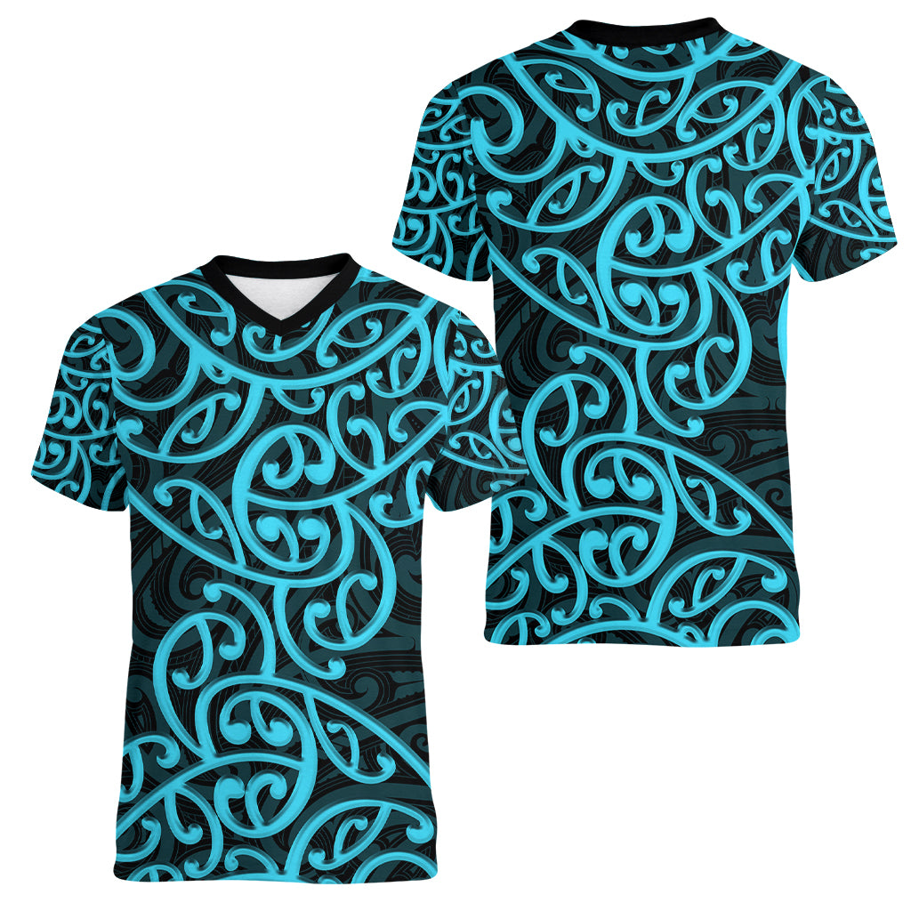 New Zealand Women V Neck T Shirt Maori Pattern Light Blue LT6 - Wonder Print Shop