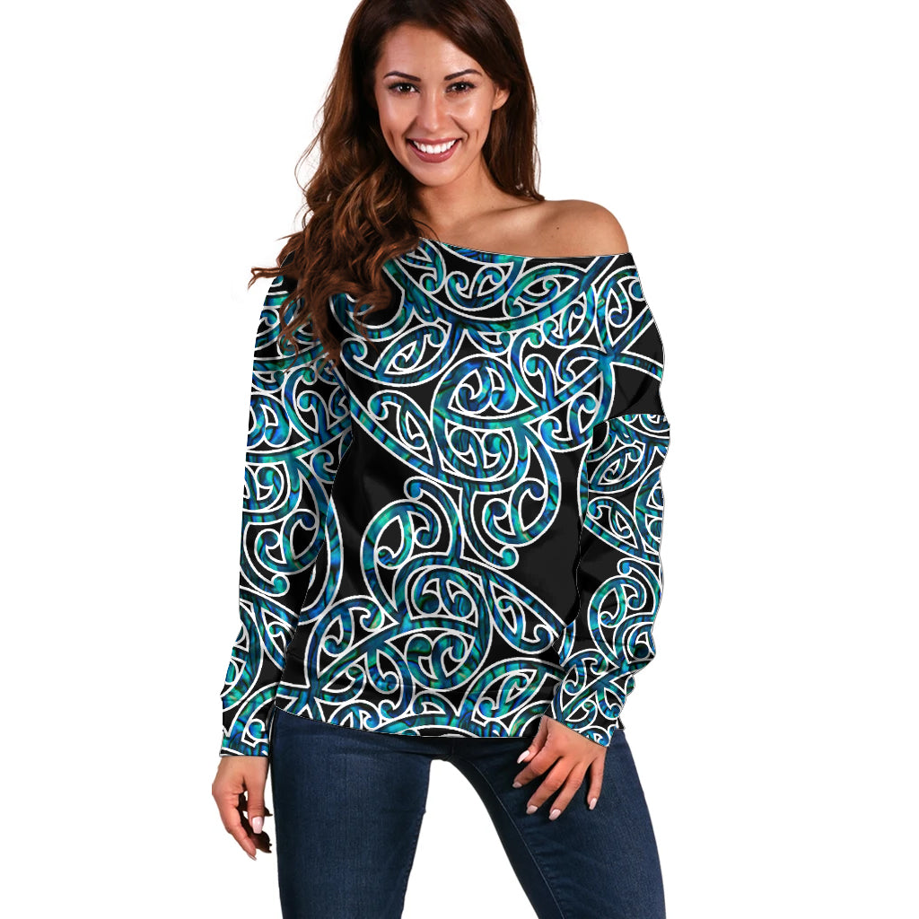 New Zealand Off Shoulder Sweater Maori Pattern Papua Shell LT6 - Wonder Print Shop