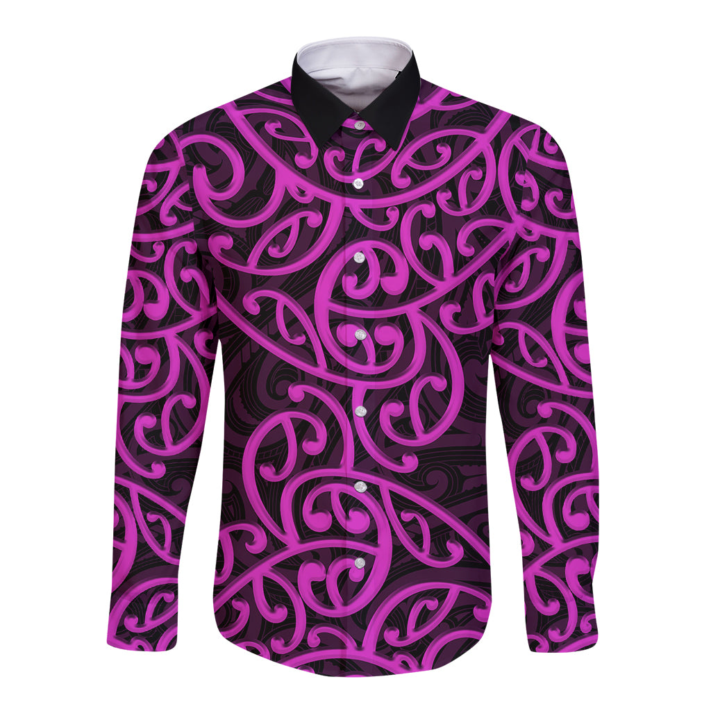 New Zealand Long Sleeve Button Shirt Maori Pattern Purple LT6 - Wonder Print Shop