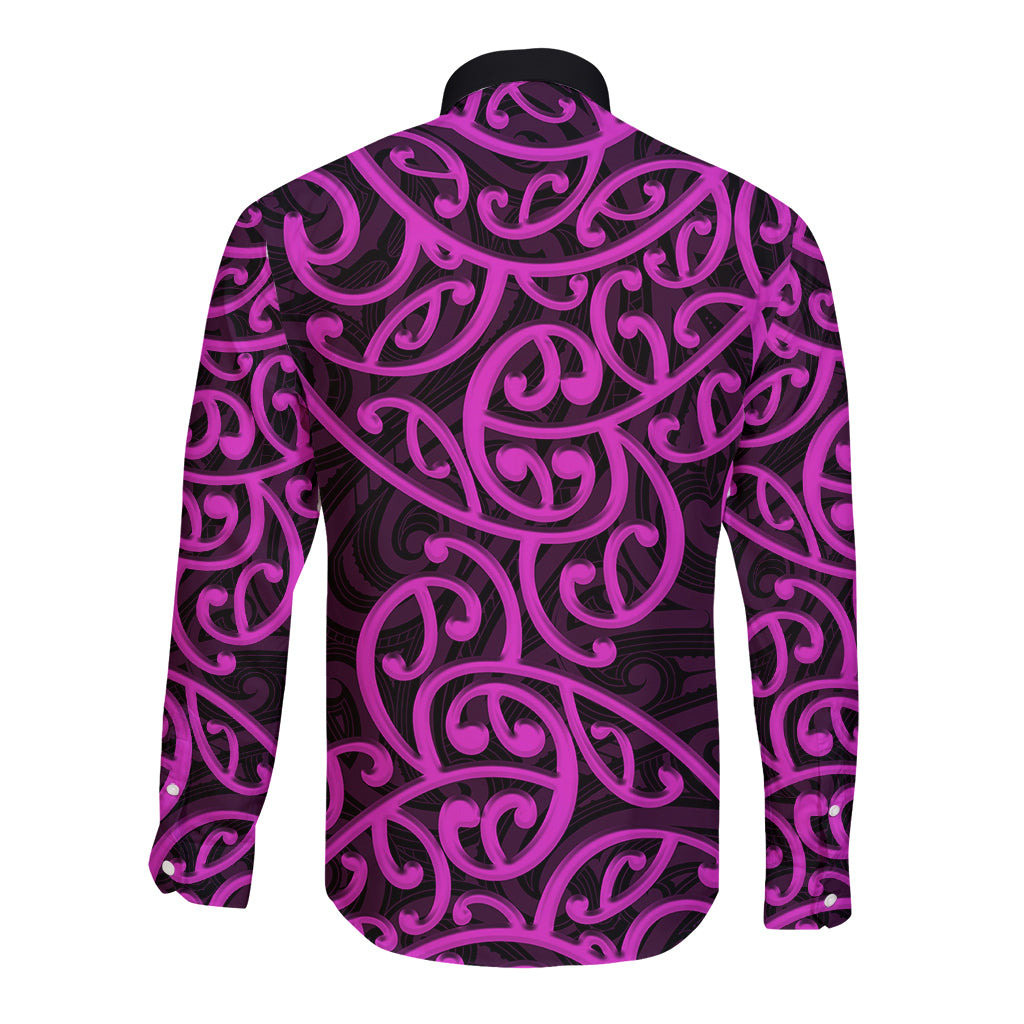 New Zealand Long Sleeve Button Shirt Maori Pattern Purple LT6 - Wonder Print Shop