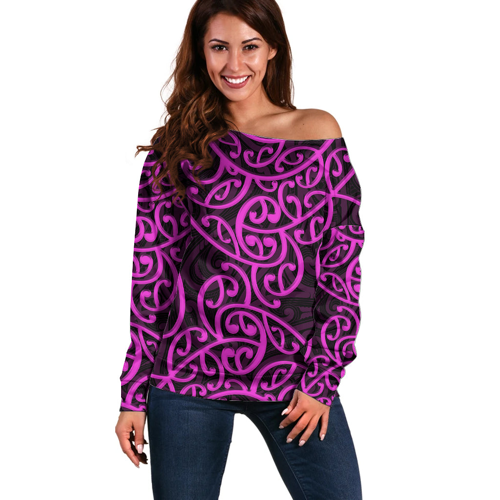 New Zealand Off Shoulder Sweater Maori Pattern Purple LT6 - Wonder Print Shop