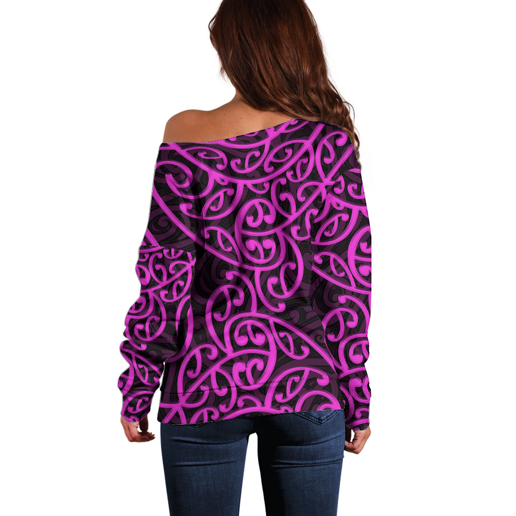 New Zealand Off Shoulder Sweater Maori Pattern Purple LT6 - Wonder Print Shop