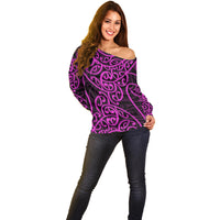 New Zealand Off Shoulder Sweater Maori Pattern Purple LT6 - Wonder Print Shop