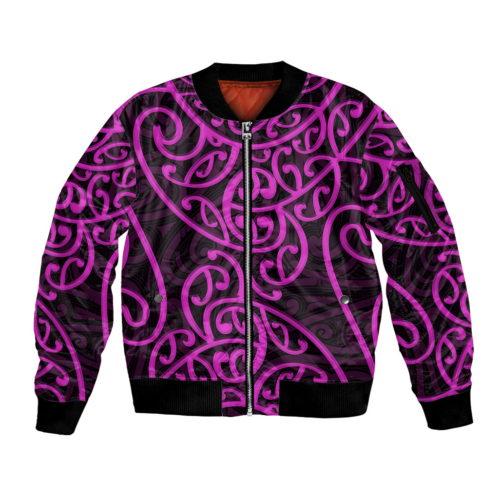 New Zealand Sleeve Zip Bomber Jacket Maori Pattern Purple LT6 - Wonder Print Shop