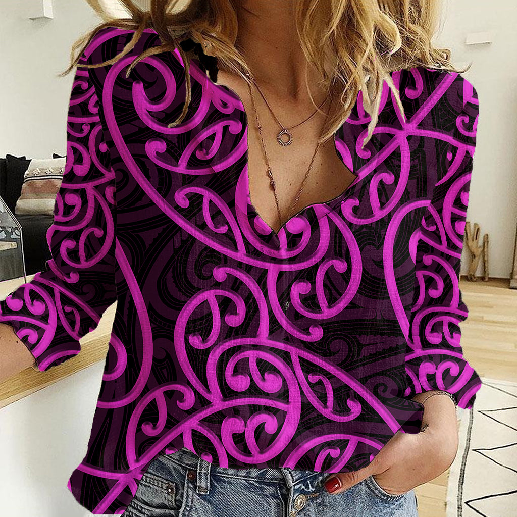 New Zealand Women Casual Shirt Maori Pattern Purple LT6 - Wonder Print Shop