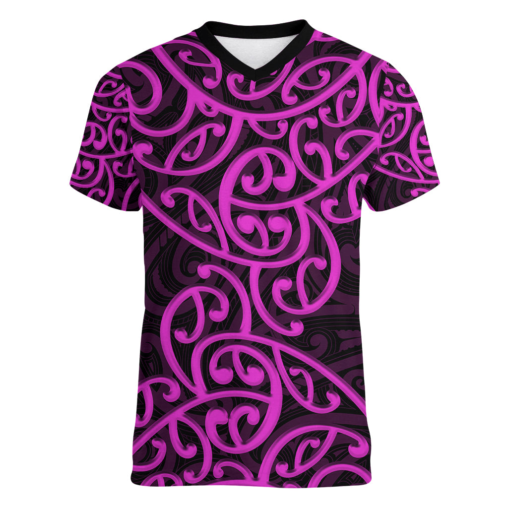 New Zealand Women V Neck T Shirt Maori Pattern Purple LT6 - Wonder Print Shop