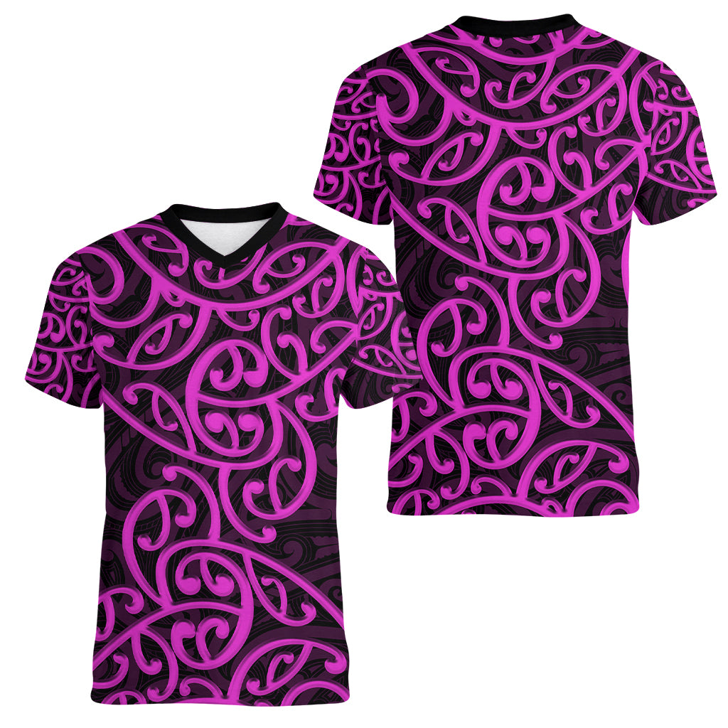 New Zealand Women V Neck T Shirt Maori Pattern Purple LT6 - Wonder Print Shop