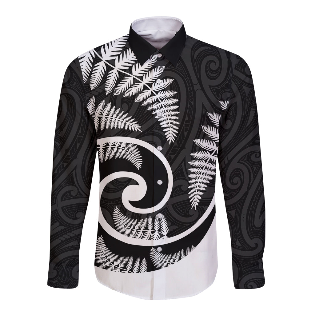 New Zealand Long Sleeve Button Shirt Maori With Silver Fern White LT6 - Wonder Print Shop