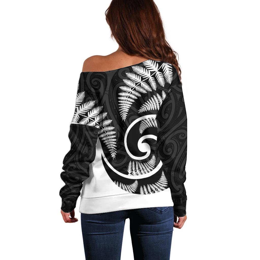 New Zealand Off Shoulder Sweater Maori With Silver Fern White LT6 - Wonder Print Shop