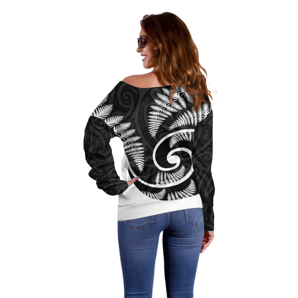 New Zealand Off Shoulder Sweater Maori With Silver Fern White LT6 - Wonder Print Shop