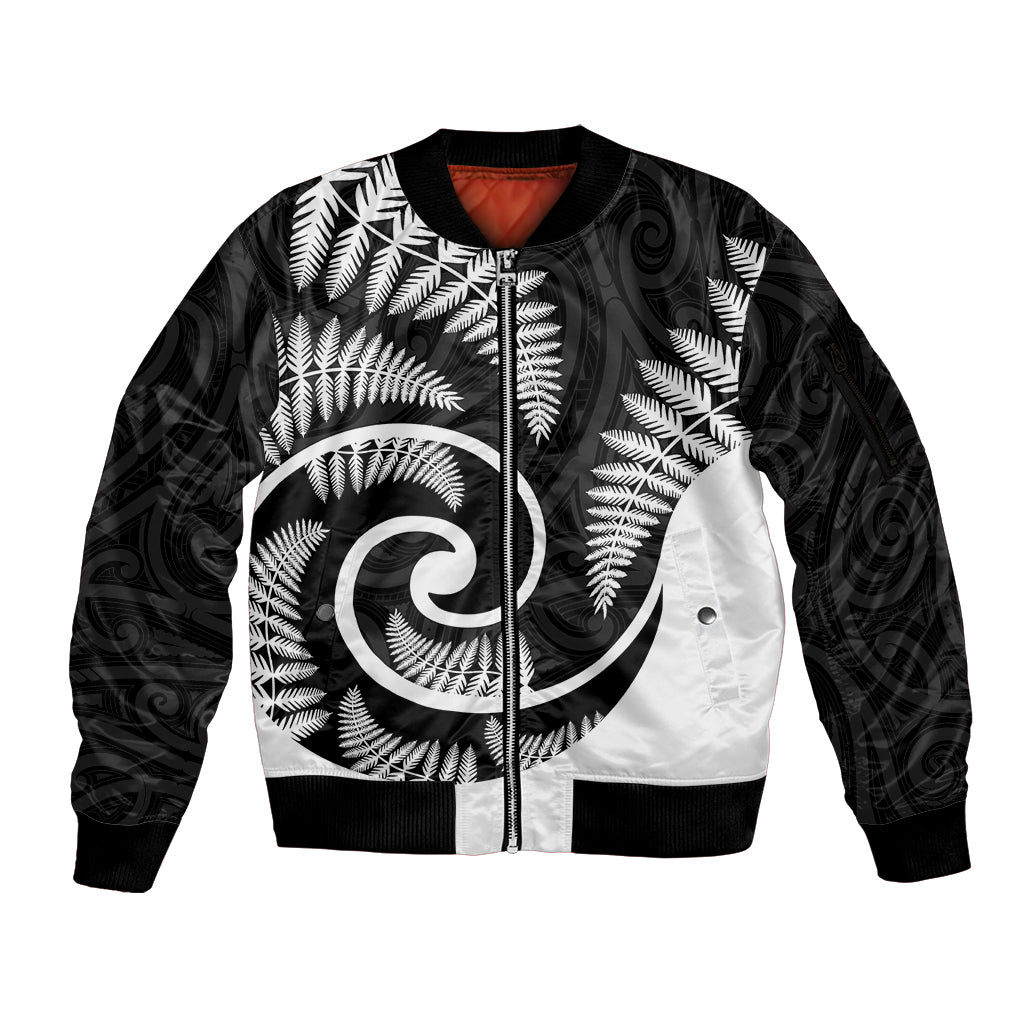 New Zealand Sleeve Zip Bomber Jacket Maori With Silver Fern White LT6 - Wonder Print Shop
